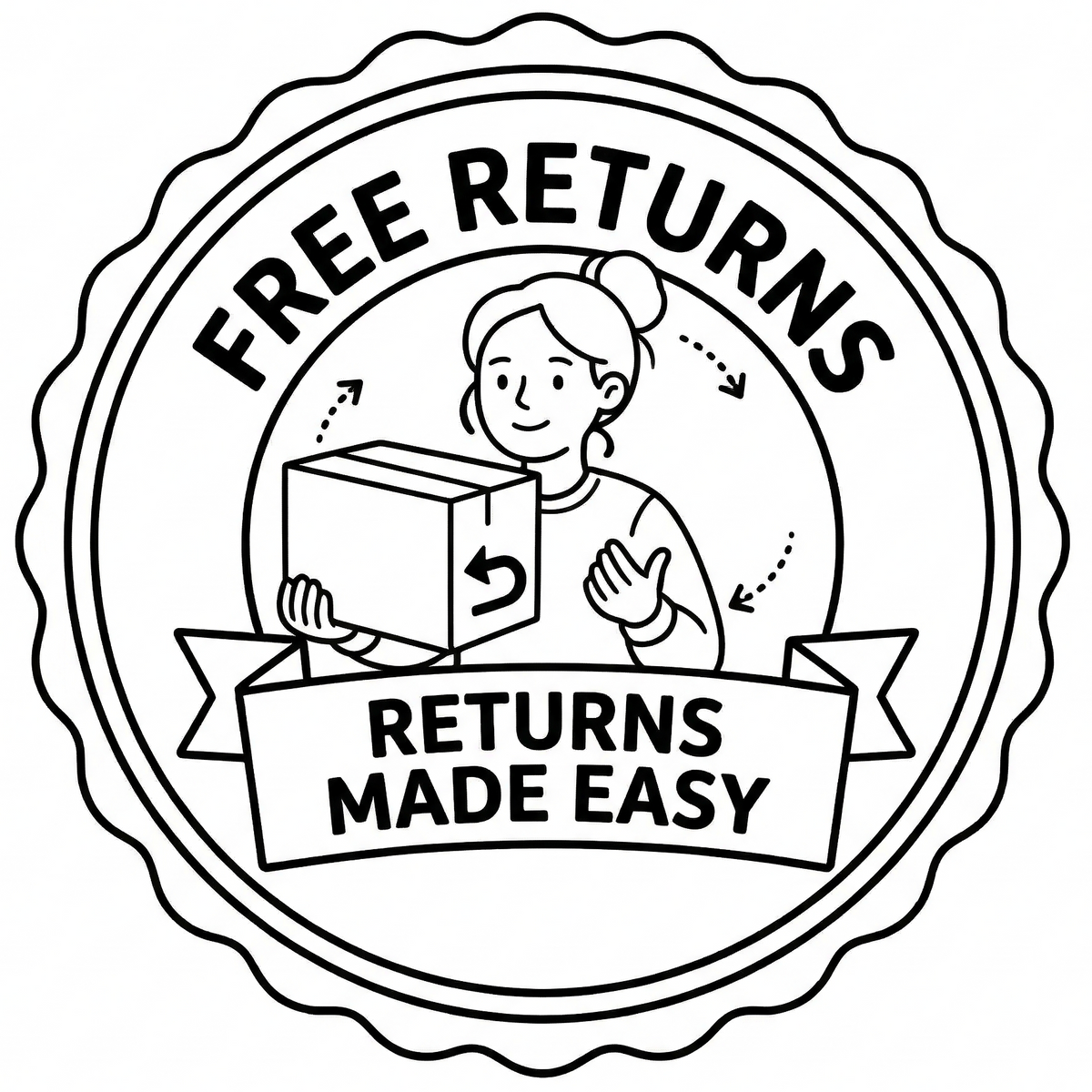 Black and white illustration of a person holding a box with 'Free Returns' text on a white background